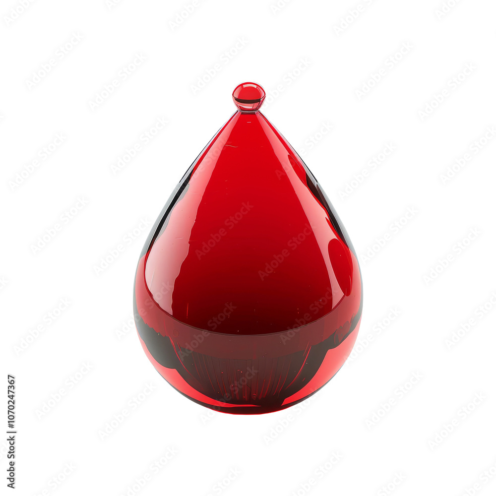 Fototapeta premium Red Glossy Liquid Drop Isolated on Transparent Background. Shiny Droplet with Reflective Surface