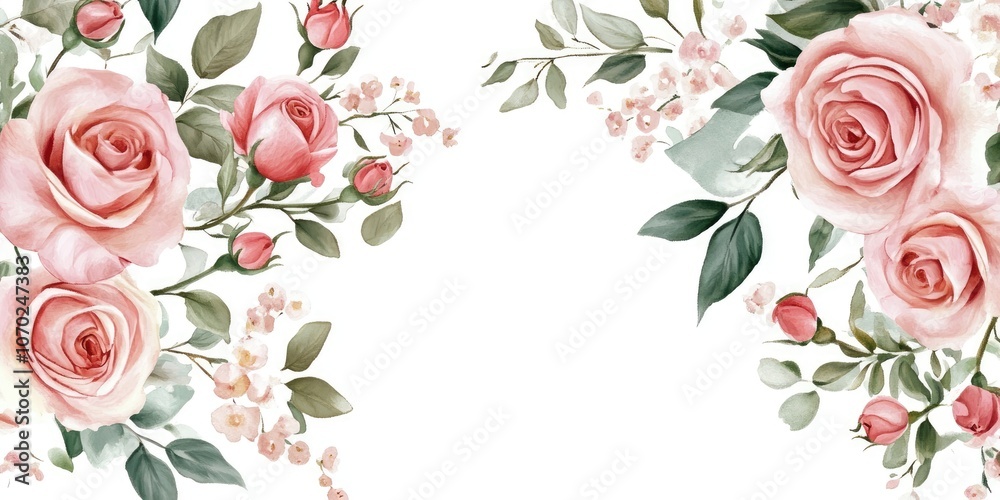 Pink roses postcard design on white background. Pink roses postcard design on white background.