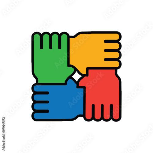 This is a flat logo design of four hands of different colors holding together symbolizing unity in diversity