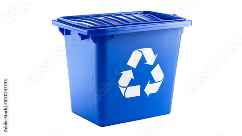 Blue recyclable trash can isolated on transparent background.