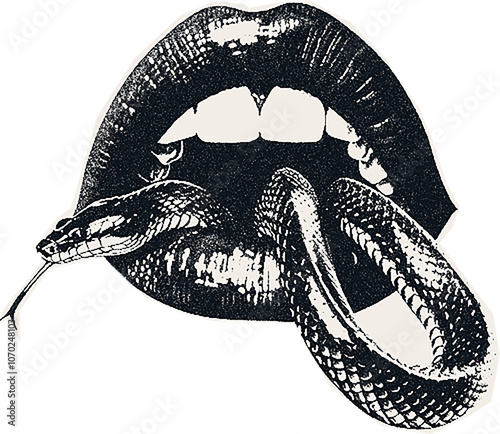 Magazine clipping, halftone photo of a woman's beautiful plump lips, open mouth, emotions. photo