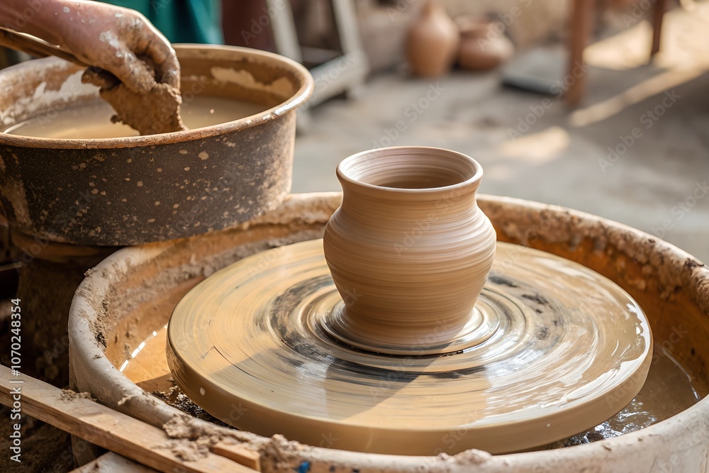 A freshly shaped clay vase spinning on a pottery wheel in a sunlit studio, emphasizing creativity and traditional crafting methods. A freshly shaped clay vase spinning on a pottery wheel in a sunlit studio, emphasizing creativity and traditional crafting methods.