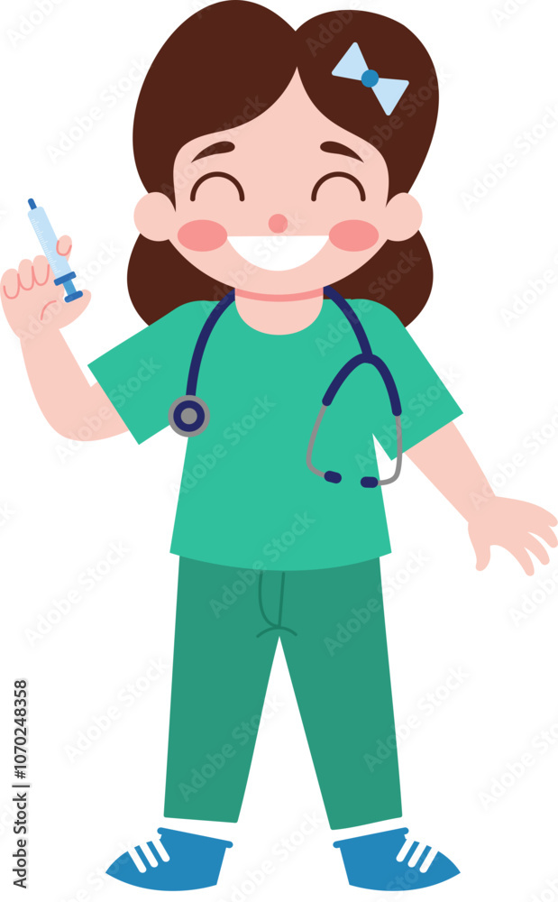 Happy Female Doctor Holding Syringe Cartoon Illustration Happy Female Doctor Holding Syringe Cartoon Illustration