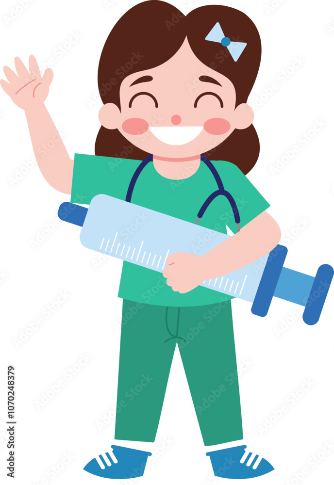 Happy Female Doctor Holding Syringe with Stethoscope Happy Female Doctor Holding Syringe with Stethoscope