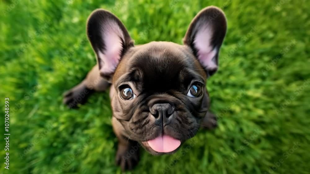 Adorable French bulldog puppy high angle view portrait on green grass. Top view Adorable French bulldog puppy high angle view portrait on green grass. Top view