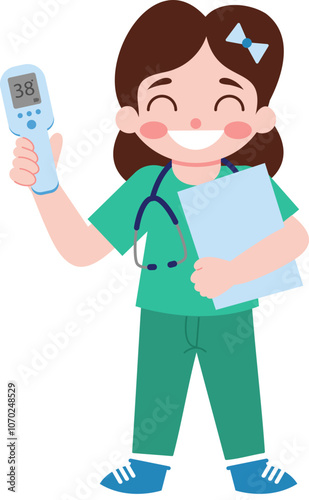 Happy Female Doctor Holding Thermometer and Clipboard