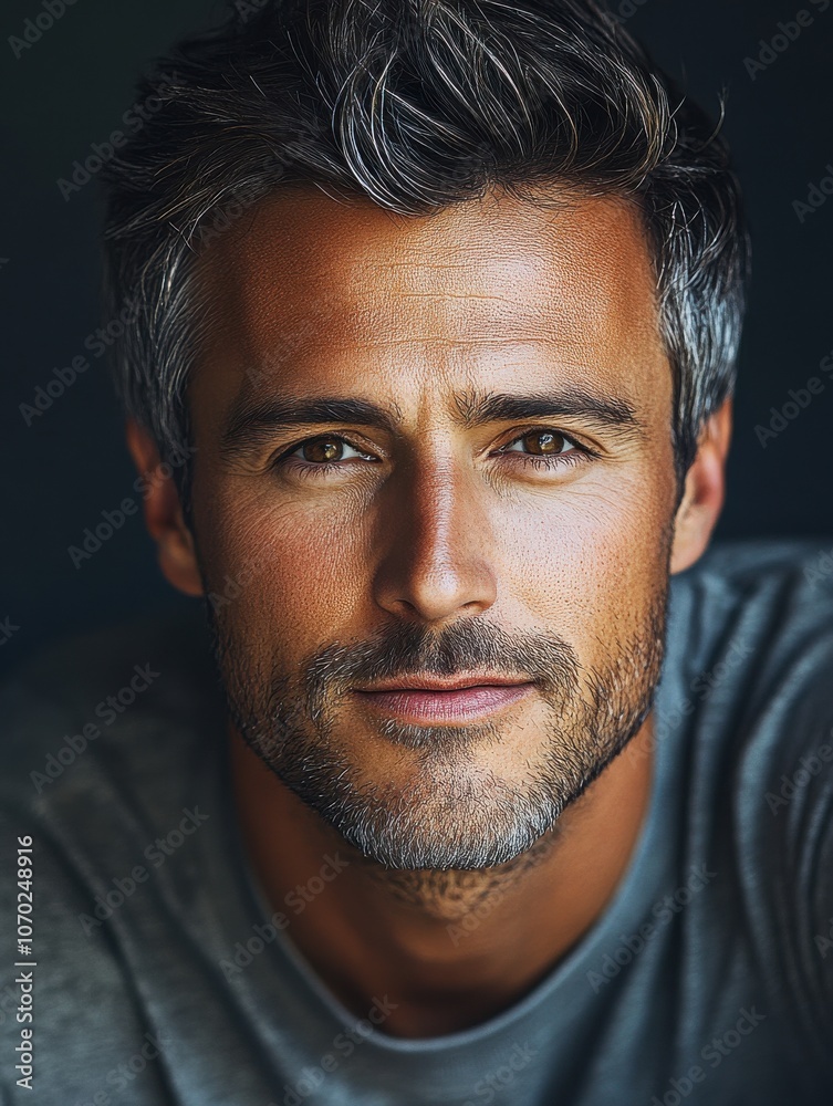 Obraz premium attractive man in his thirties. He has short brown hair but slightly gray around his temples. dark brown eyes. 