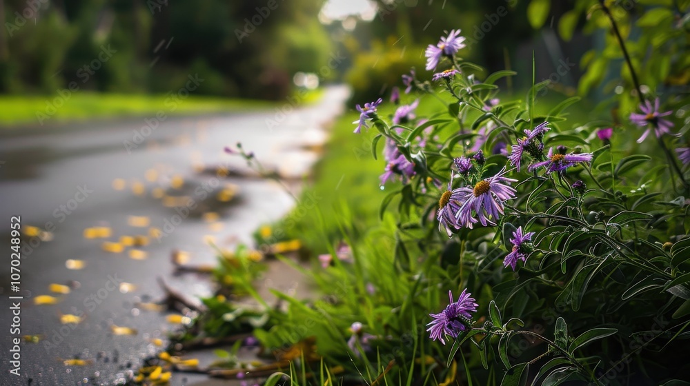 Obraz premium Vibrant purple flowers bloom along a rainy road, surrounded by lush greenery and scattered leaves on a tranquil afternoon in a suburban area