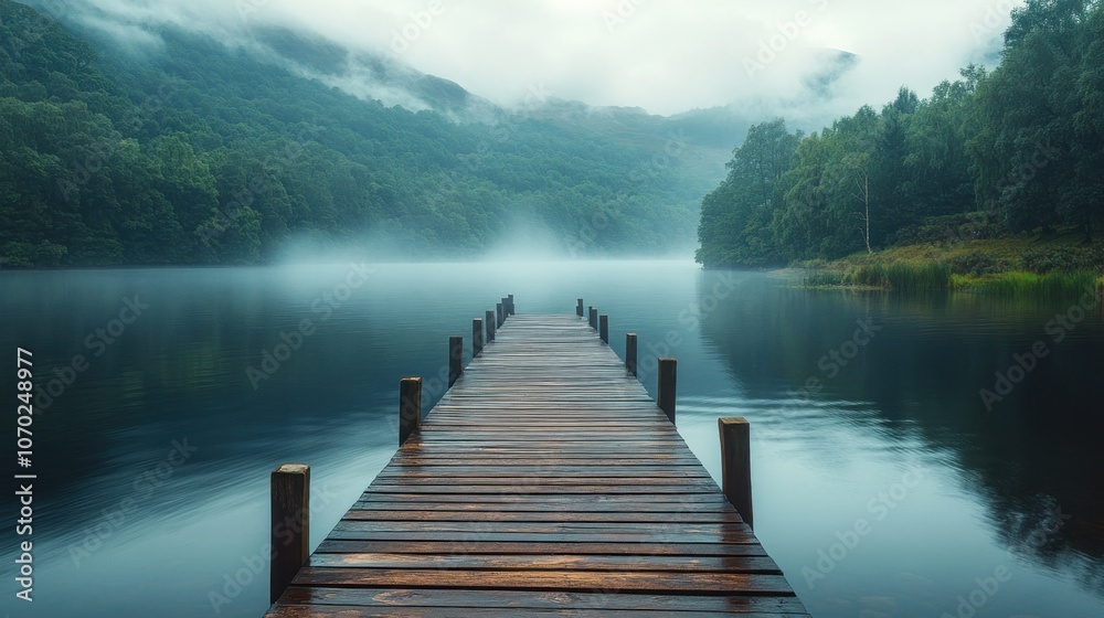 Fototapeta premium Misty Lake with Wooden Dock