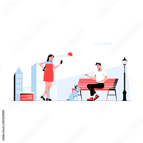 Couple With Dog Interacting In Urban Park Setting, Flat Vector Illustration Symbolizing Outdoor Recreation, Socializing, And Pet Care, Isolated On White Background.
