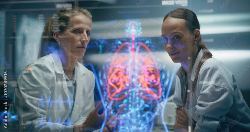 Physician And Patient Examine Detailed Pulmonary Holograms, Discussing Treatment Options, AI Maps Bronchial Flow Dynamics Function, Analysis Of Respiratory Pathways For Personalized Intervention.