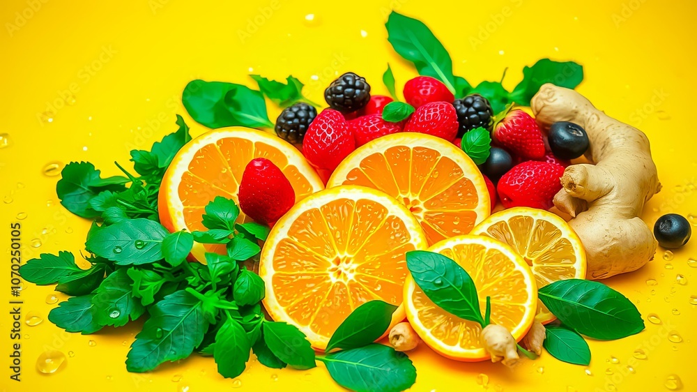 A vibrant composition of citrus fruit, berries, ginger, and fresh green leaves on a bright yellow background, representing a healthy and refreshing food arrangement. A vibrant composition of citrus fruit, berries, ginger, and fresh green leaves on a bright yellow background, representing a healthy and refreshing food arrangement.