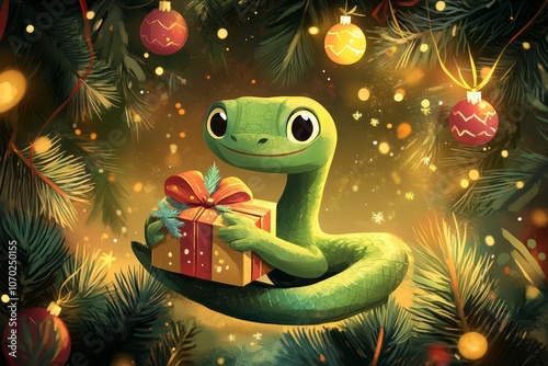  a green snake with a joyful expression, holding a decorated gift new year 2025  photo