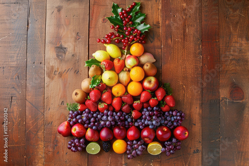 Fruits arranged in a Christmas tree shape on a wooden table, decorated with holly and berries