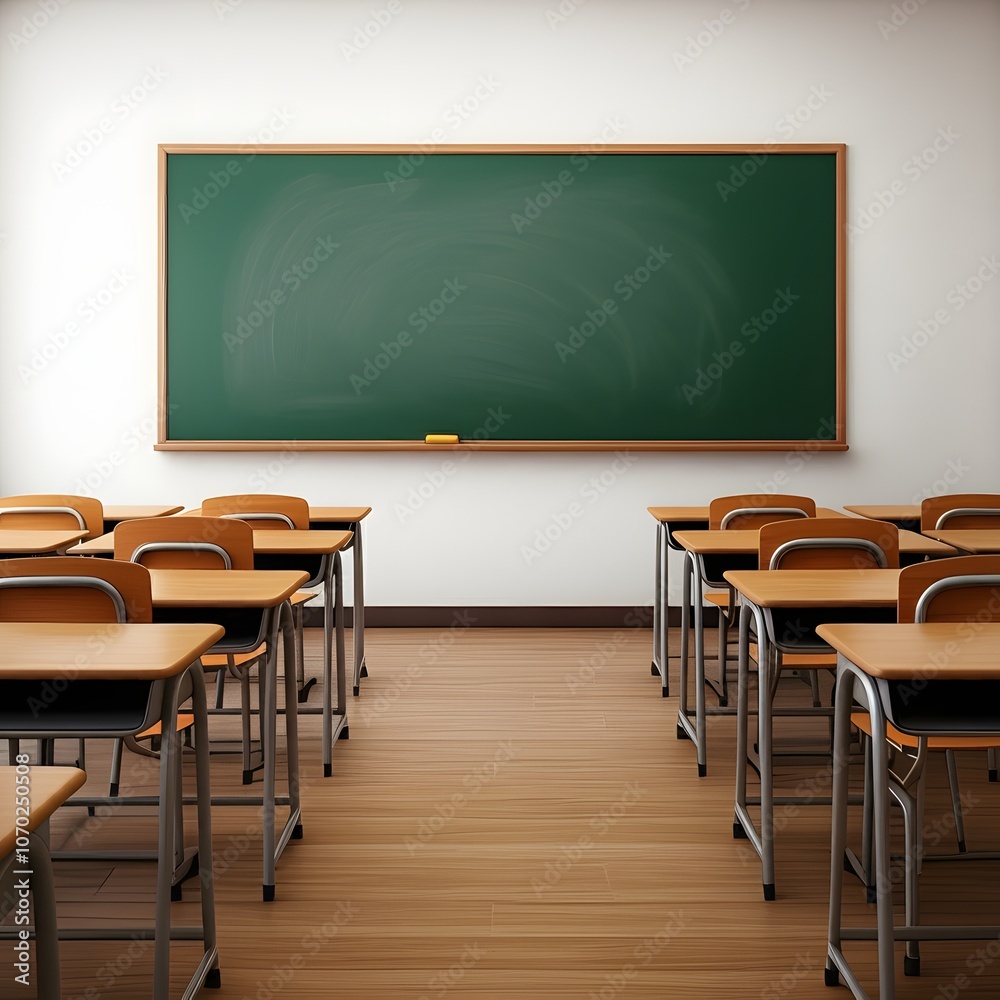 Empty classroom interior with rows of desks and chairs facing a large chalkboard, captured in hyper-realistic 4K HDR detail, set against a solid white background for a clean, minimalistic effect. Keyw Empty classroom interior with rows of desks and chairs facing a large chalkboard, captured in hyper-realistic 4K HDR detail, set against a solid white background for a clean, minimalistic effect. Keyw