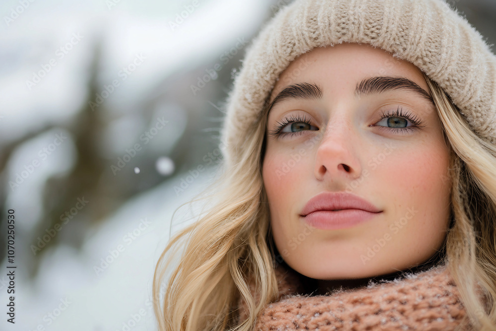 Geerative AI portrait of woman in cozy knit hat at winter resort Geerative AI portrait of woman in cozy knit hat at winter resort