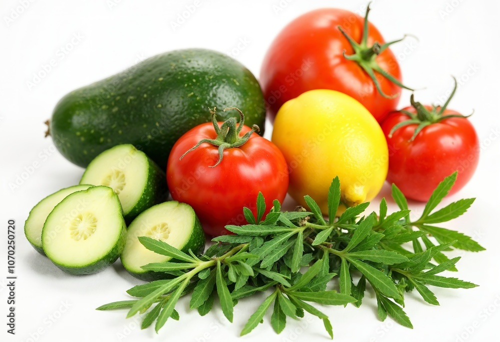 Assorted fresh vegetables and fruits including avocado, cucumber, tomato, lemon, and herbs on a white background