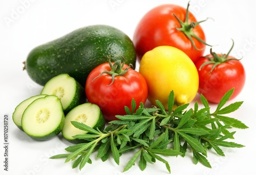 Assorted fresh vegetables and fruits including avocado, cucumber, tomato, lemon, and herbs on a white background