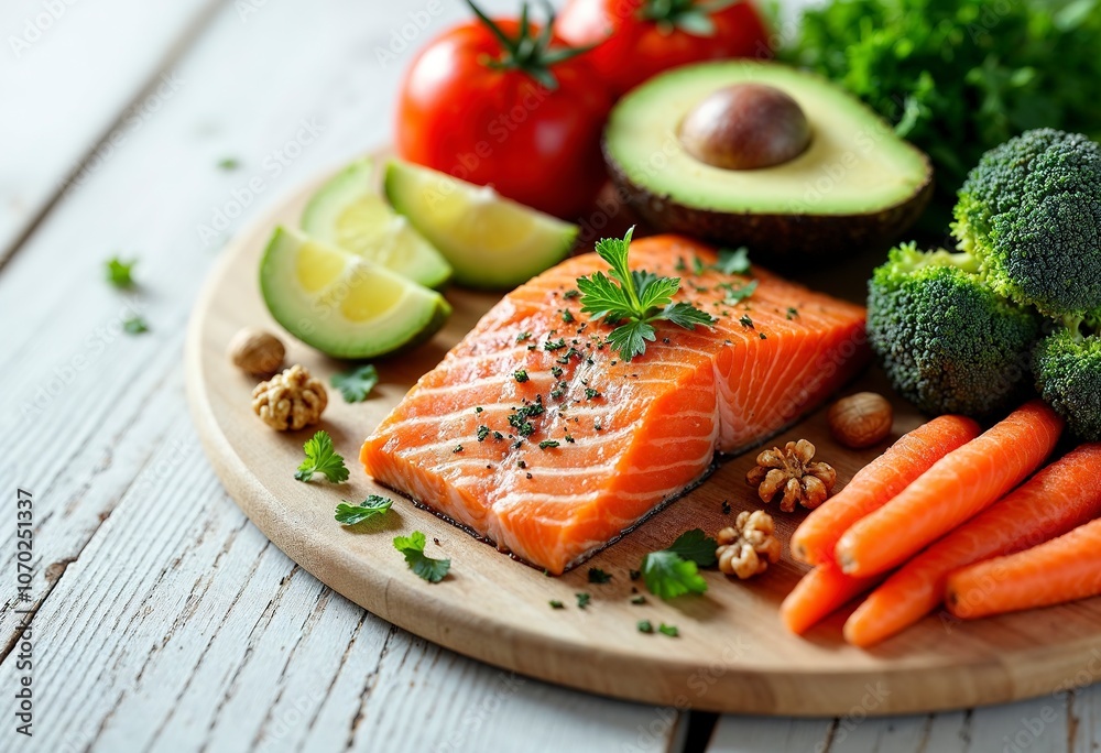 Assortment of healthy foods including salmon, avocado, tomatoes, broccoli, nuts, and other vegetables on a white wooden background Assortment of healthy foods including salmon, avocado, tomatoes, broccoli, nuts, and other vegetables on a white wooden background