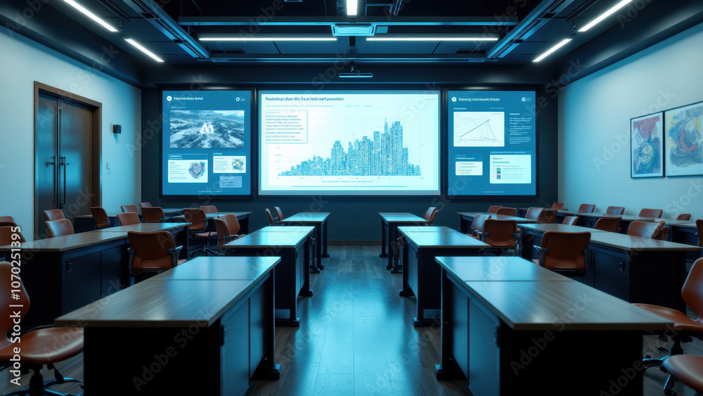 A modern classroom or meeting room equipped with digital presentations. A modern classroom or meeting room equipped with digital presentations.