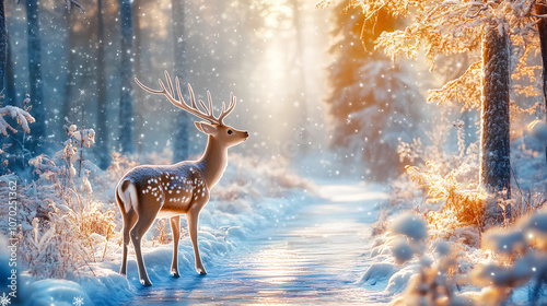 A cute fawn in a snowy, fairy-tale forest, magic reigns and fascinates with secrets, a magical path stretches into the distance, the sun shines gently
in the winter forest, new year