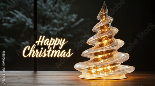 Merry Christmas and happy new year concept, Close up, Elegant Christmas glass tree with lights inside, interior home decoration. Lettering 