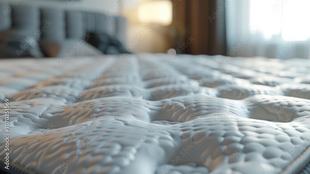 Fototapeta premium Bed with a white mattress and a grey headboard