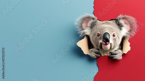  koala looking up in paper side torn hole isolated photo