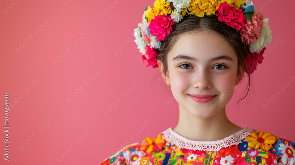 Cheerful girl wearing traditional folk dress and flower crown during a festive celebration