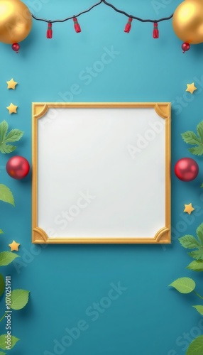 Blank frame with golden border surrounded by red and golden spheres, green leaves, and stars on blue background.