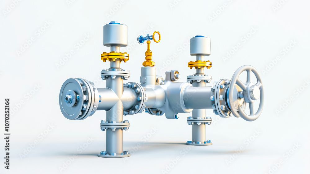 Industrial Pipeline Valve System: A detailed 3D rendering of a complex pipeline valve system, showcasing intricate metallic components and precision engineering. Ideal for industrial, engineering.