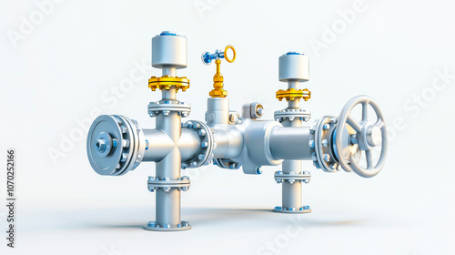 Industrial Pipeline Valve System: A detailed 3D rendering of a complex pipeline valve system, showcasing intricate metallic components and precision engineering. Ideal for industrial, engineering.