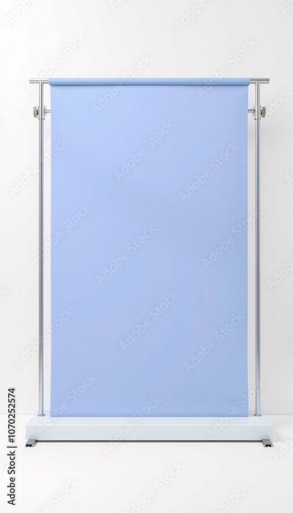 Light blue backdrop on a white stand with silver bars. Light blue backdrop on a white stand with silver bars.