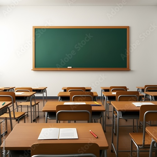 Empty classroom interior with rows of desks and chairs facing a large chalkboard, captured in hyper-realistic 4K HDR detail, set against a solid white background for a clean, minimalistic effect. Keyw photo