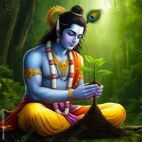Lord Krishna nurturing a pl...