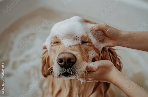  A person giving their dog a golden retriever-style bathtub wash with water and shampoo foam in their hands