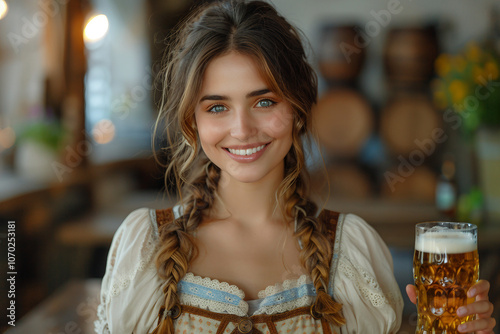 Generative AI Image of Oktoberfest Waitress with Traditional Beer Flower Crown service customers folks