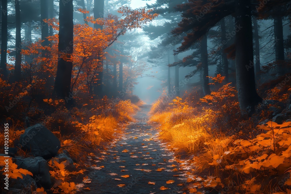 Fototapeta premium Rustic autumn forest path covered with golden leaves. Generative AI