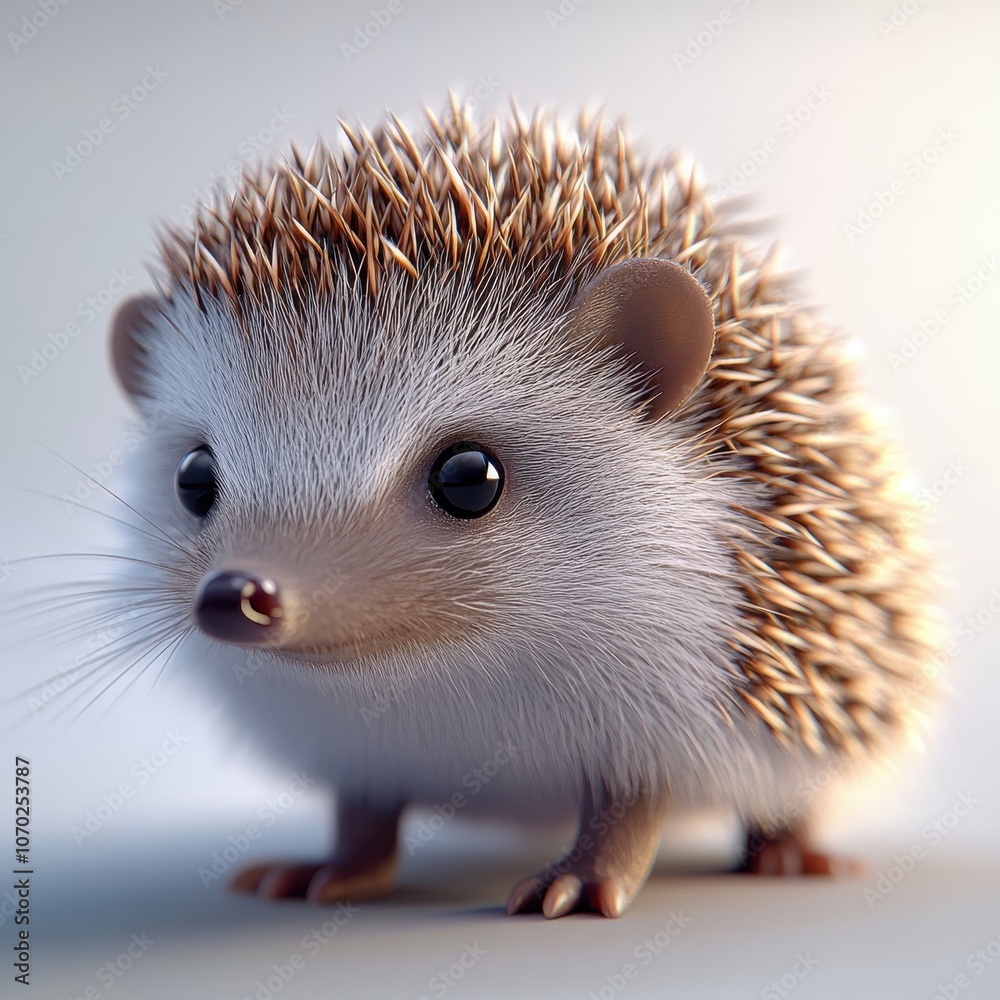 Obraz premium A cute hedgehog with soft fur and sharp quills stands on a smooth surface, showcasing its round body and inquisitive expression in a bright and softly lit environment