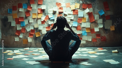 Overwhelmed individual surrounded by colorful sticky notes