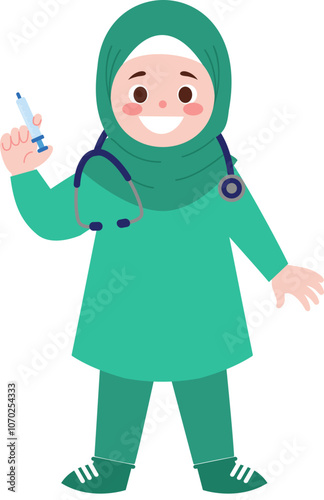 Muslim Female Doctor Holding Syringe  Healthcare Illustration