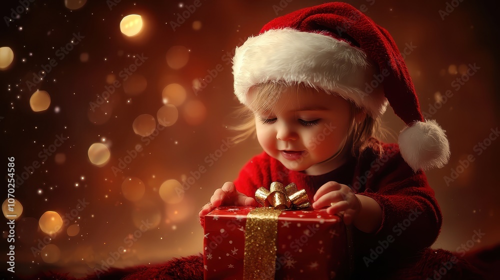 A child in a Santa Claus hat opens a gift. Selective focus A child in a Santa Claus hat opens a gift. Selective focus