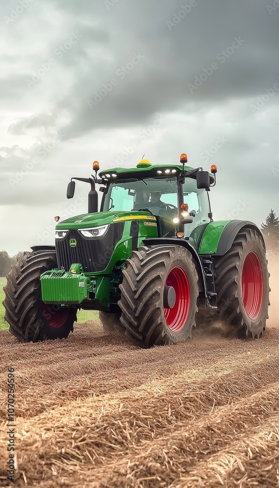 Fototapeta premium Powerful Tractor Driving Across Plowed Field under Dramatic Sky, Agriculture Industry