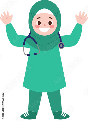 Smiling Muslim Female Doctor Wearing Hijab and Scrubs