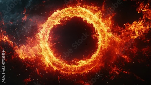 A glowing red and orange fire background on black, with burning flames surrounding the circle in the center of the frame. 