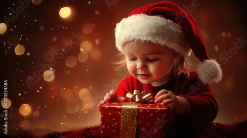 A child in a Santa Claus hat opens a gift. Selective focus