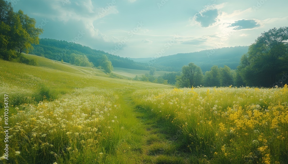 A serene landscape of rolling hills and wildflowers under a cloudy sky in the afternoon light A serene landscape of rolling hills and wildflowers under a cloudy sky in the afternoon light