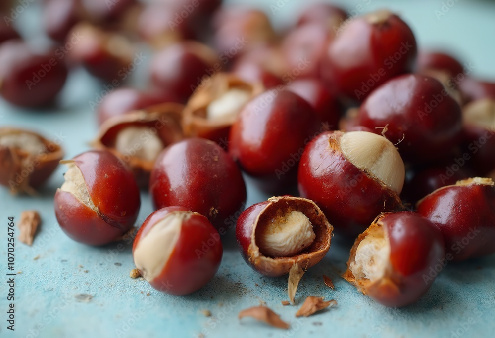 Obraz premium Closeup of fresh red chestnuts, some with shells partially removed, on a light background