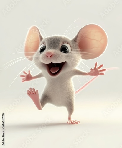 Cartoon mouse joyfully dancing on white background 