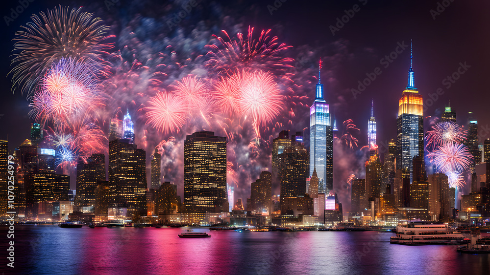 Fototapeta premium Colorful fireworks lighting up the skyline of new york city with times square as the focal point, AI Generated